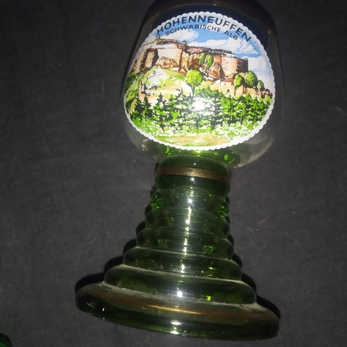 Vintage German Roemer shot glasses with Hohen-Neuffen castle design, set of 2