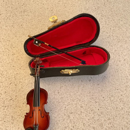 Small vintage violin with case and bow, decorative