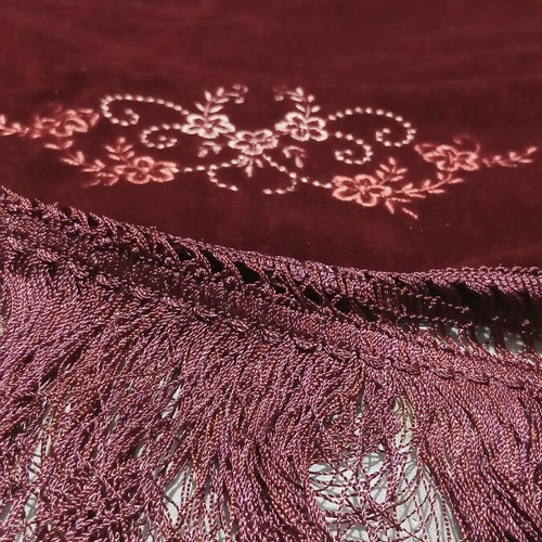 Velvet round tablecloth vintage 1.50m, burgundy with embroidery