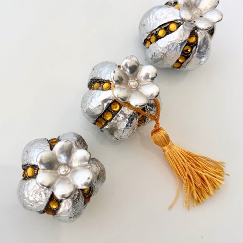 Set of 3 decorative pomegranate miniatures silver with crystals and tassel new