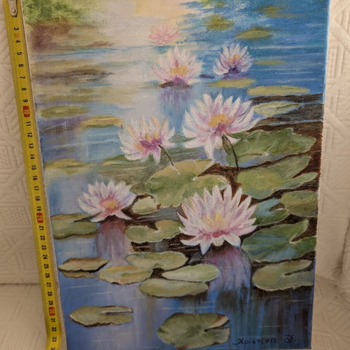 Handmade oil painting water lilies on lake 35x25 cm new