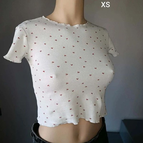 Bershka Cherry Crop Top white ribbed, like new, size XS