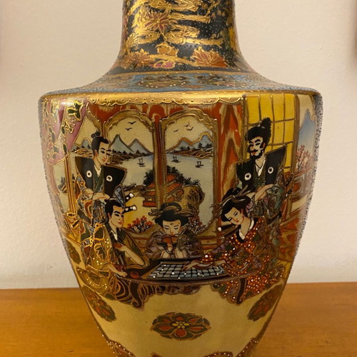 Satsuma large handmade vase used with 24K embossed human figures and flowers