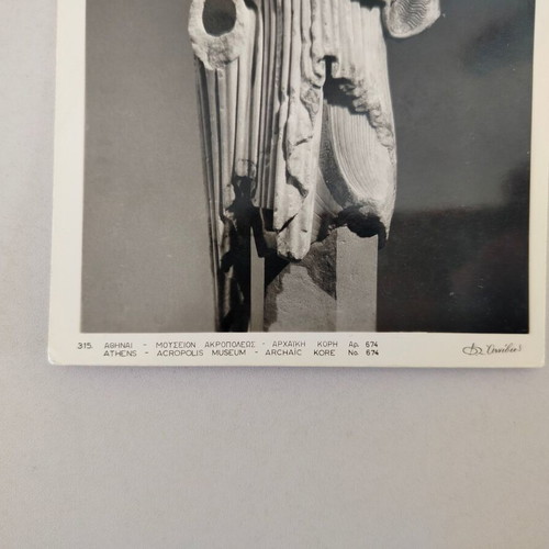 Black and white postcard Athens Acropolis Museum Archaic Kore used, 60s era