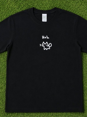 Black T-shirt with Huh Cat print, size L