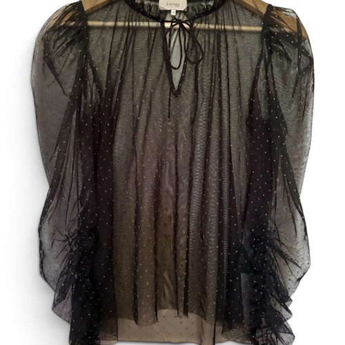 Levete Room black sheer polka dot tulle blouse with ruffles, size S