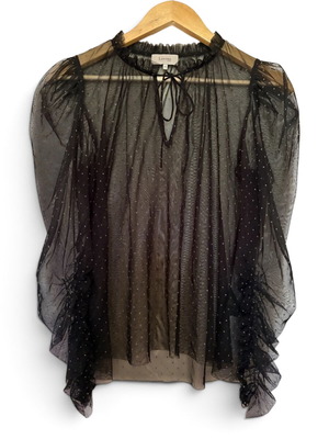 Levete Room black sheer polka dot tulle blouse with ruffles, size S