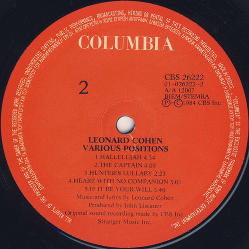 Leonard Cohen Various Positions vinyl record used, rock