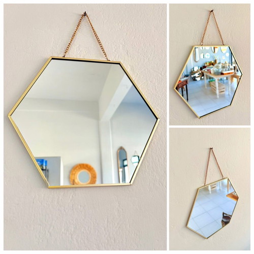 Hexagonal mirror with gold frame and chain new