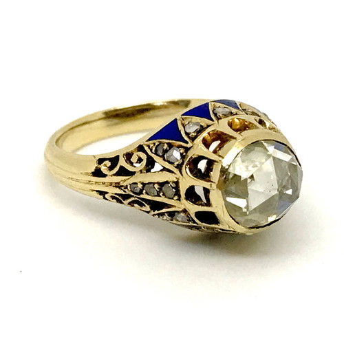 Vintage solitaire ring with 1.10ct diamond and blue enamel