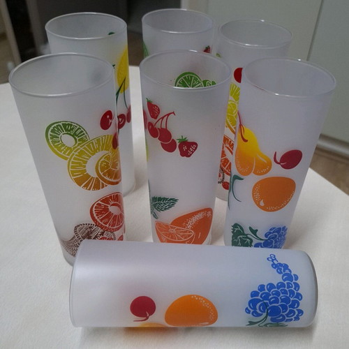 Set of 7 glass glasses for soft drinks like new with fruit designs