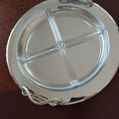 Stainless steel serving tray with removable glass divider, 28 cm