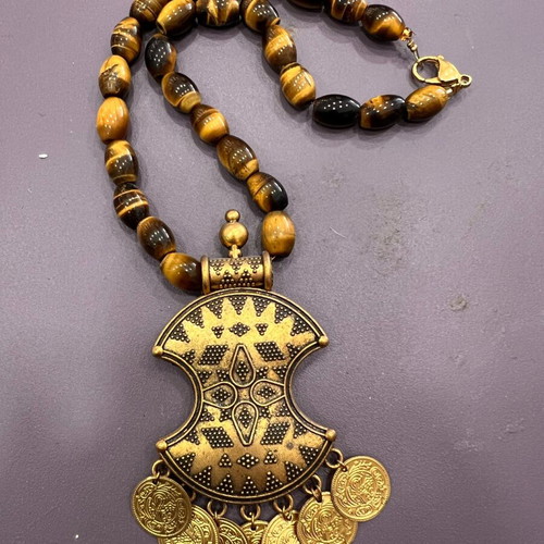 Vintage necklace with buckle, coins and tiger eye like new