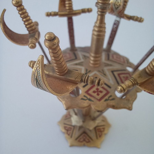 Vintage brass sword cocktail toothpick set like new