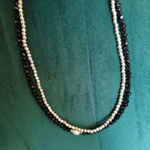 Set of 2 Handmade Necklaces with Black Spinel and Silver Hematite New