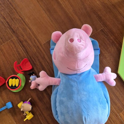 Peppa the Pig toys used with caravan, wooden house and George bag