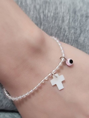 Baptism favors for girls, bracelets with cross and pink eye, pack of 60