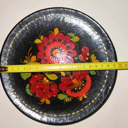 Wooden lacquered plate with flowers vintage, used, USSR