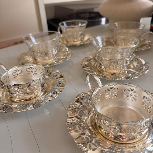 Vintage tea set 6 cups with glass and perforated metal bases like new