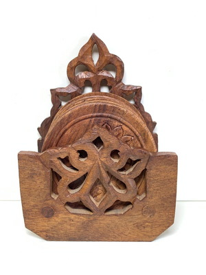 Wooden handmade coasters used, set of 6 with oriental style holder