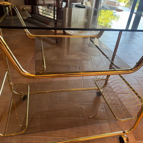 Italian 70s Trolley Bar Cart like new with smoked crystal and gold frame
