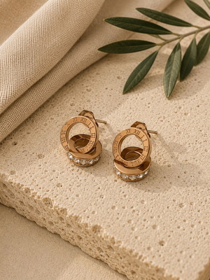 Gold stainless steel earrings with Roman numerals and rhinestones new