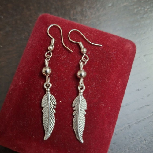 Boho Ethnik Feather Earrings Stainless Steel New, Silver