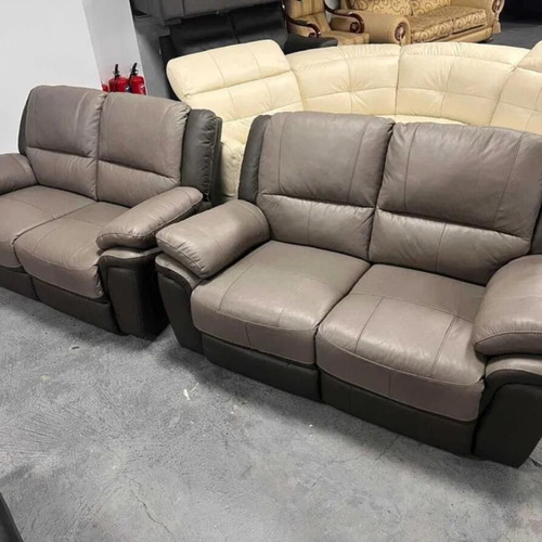 Two-tone gray leather Pluto sofas new with manual reclining mechanism set of two