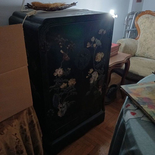 Vintage Chinese Storage Cabinet used, hand-painted with semi-precious stones