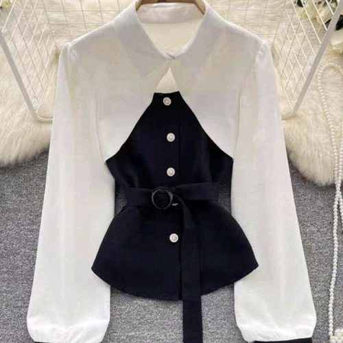 Black and white blouse with belt medium new
