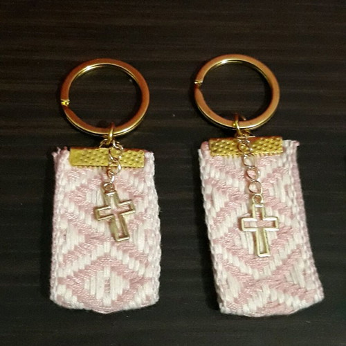 20 Martyrika keychains, from Pink - White ribbon with design and gold Cross, Handmade, for baptism