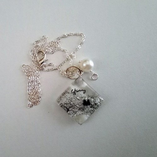 Handmade necklace "M" new, white and silver with rhombus and Shinny inscription