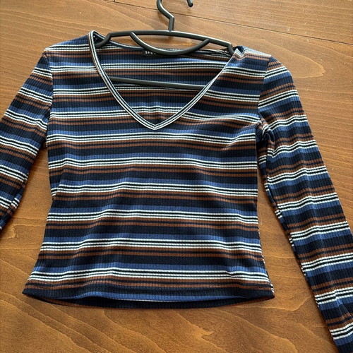 Shein XS Long Sleeve Top Blue Brown White Stripes Like New