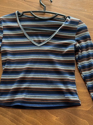 Shein XS Long Sleeve Top Blue Brown White Stripes Like New