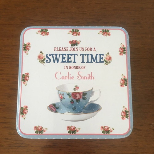 Metal box like new, square with blue polka dots and flowers