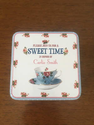 Metal box like new, square with blue polka dots and flowers