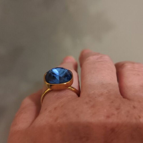 Stainless Steel Ring with Large Blue Stone Gold Color