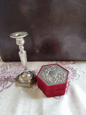 Vintage silver plated candlestick and decorative box set like new