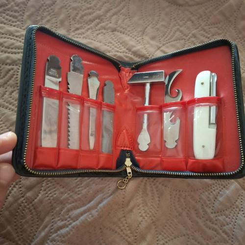 Motor Ellas collectible tool case new with stainless antique tools
