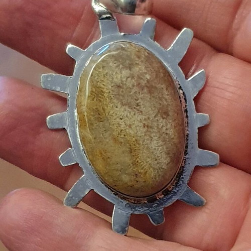 Fossil Coral Pendant with Sun-Shaped Metal Frame, New