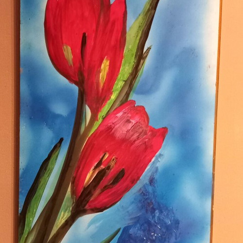 Painting 25x45cm like new, acrylic and tempera on wood, K. Kartsomakis