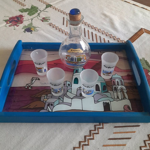 Glass serving tray with 4 shot glasses and tsipouro jug, new