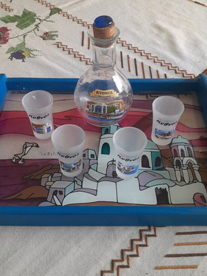 Glass serving tray with 4 shot glasses and tsipouro jug, new