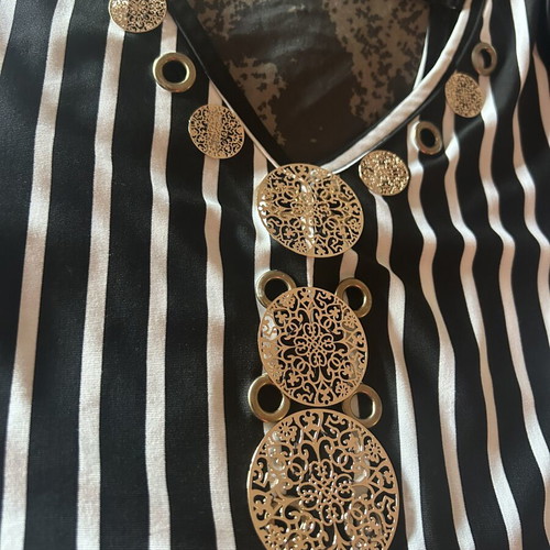 Black and white striped dress with golden accents, like new, size M