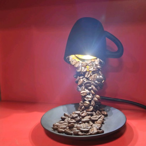 Handmade table lamp with porcelain, coffee beans, and 12 LED lights