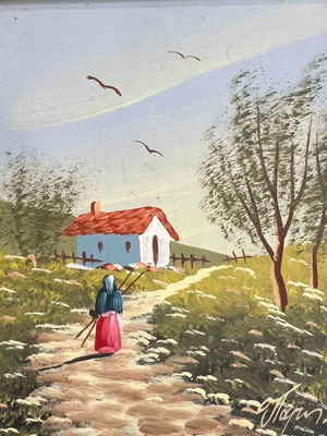 Signed acrylic painting of Greek landscape with female figure, used