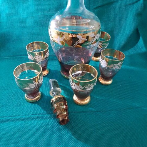 Antique crystal wine set with gold and burgundy decoration, 5 glasses