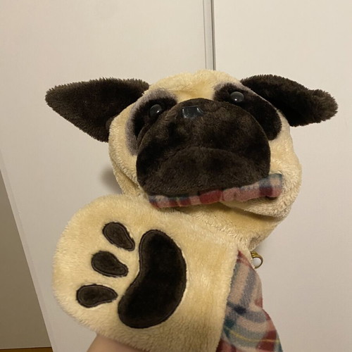 Claire’s Kids plush pug beanie with hooded scarf and hand warmer