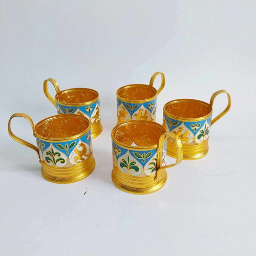 Set of 5 USSR enamelled aluminium podstakanniks, without glasses