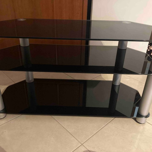 Corner TV Stand made of Black Tempered Glass & Stainless Steel